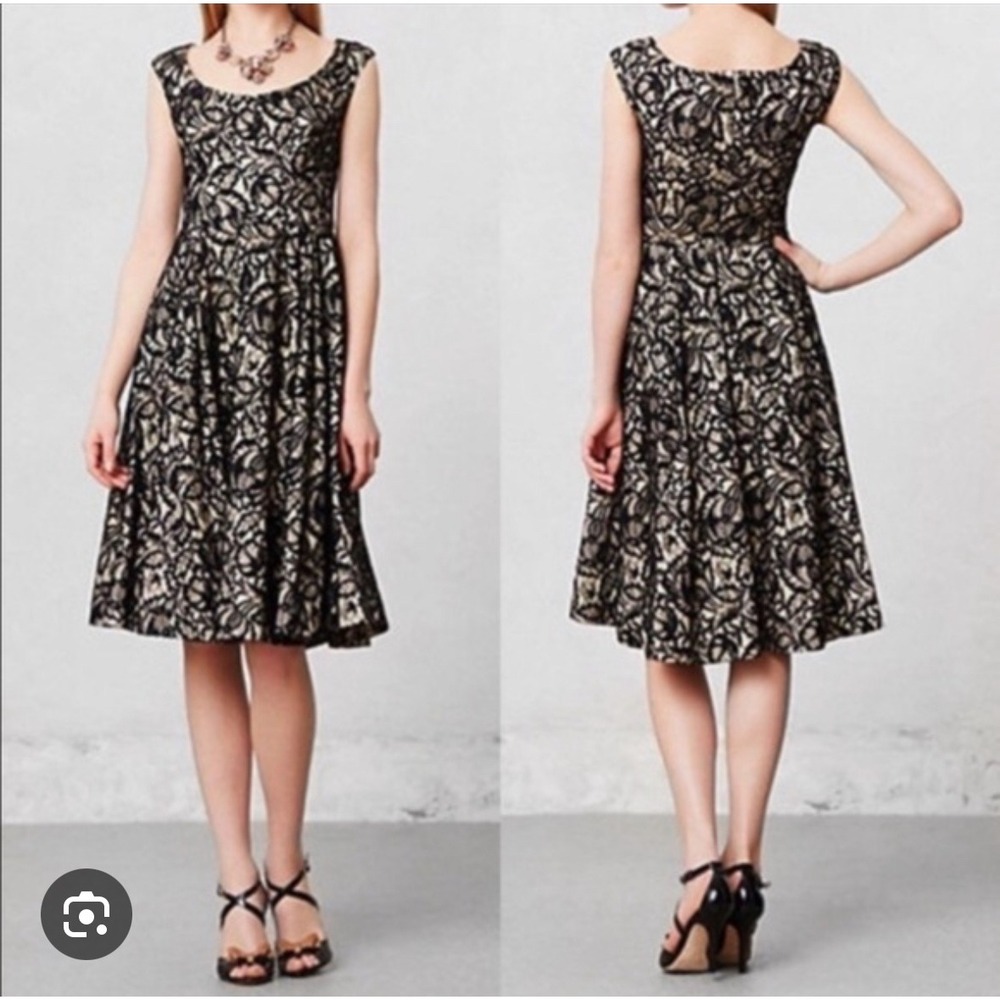 Anthropologie House of Venus Black Gold Lace Fit Flare‎ Dress Women size 12